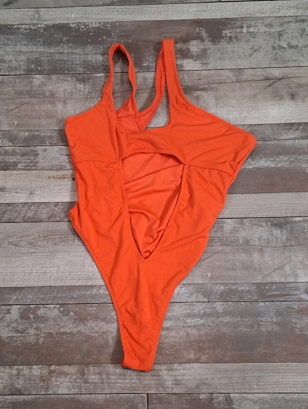 Icon Swim Orange Ribbed Cutout Women's One-Piece High-Cut Thong Swimsuit Size L